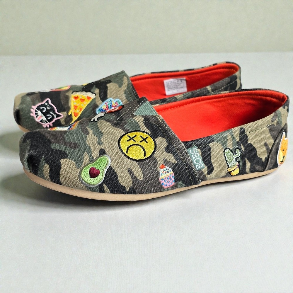 Skechers Camouflage Slip-On Flats with Patches - Olive Green/Orange